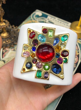 欧美重工西洋中古白色珐琅釉红宝