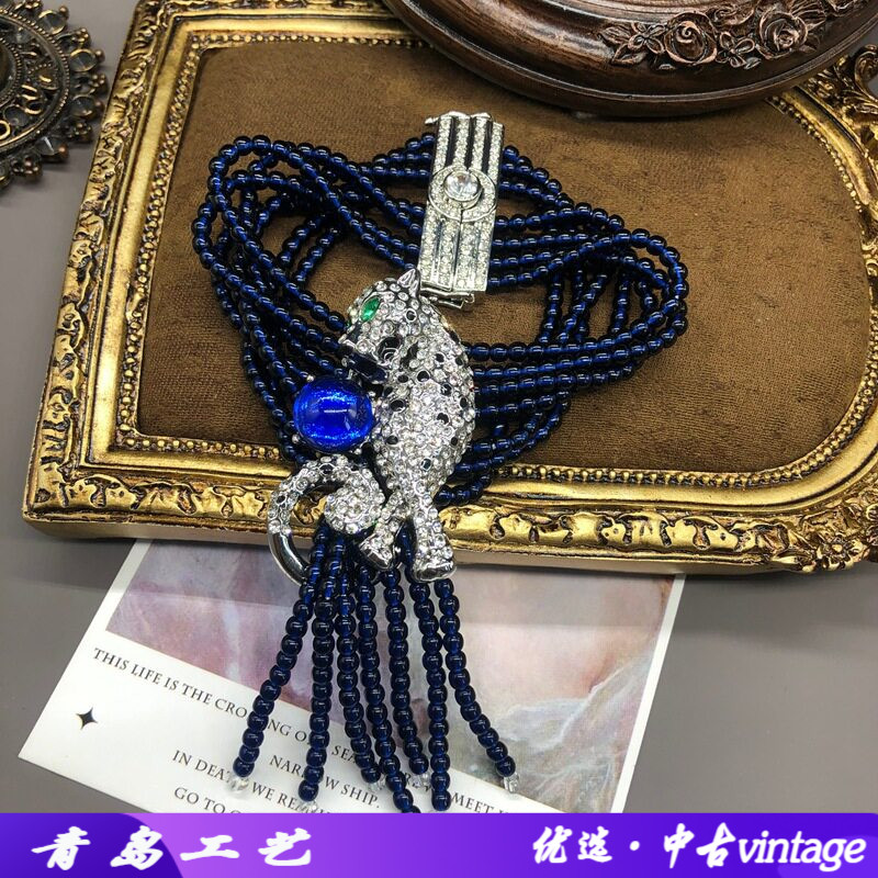 铜材质蓝色琉璃珠豹子设计感密镶