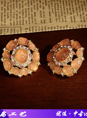 精致甜美风橙色树脂环形耳钉彩钻镶嵌银针耳饰通勤百搭款饰品