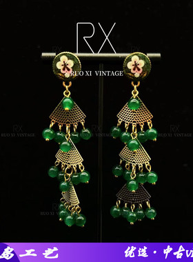 流苏绿色玛瑙耳环设计层次感中古vintage国风复古民族耳坠水滴