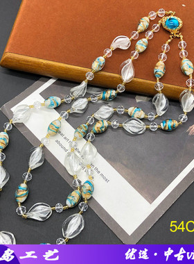 西洋中古百搭配饰白色异形珠彩虹琉璃珠项链同款铜耳勾耳环套装