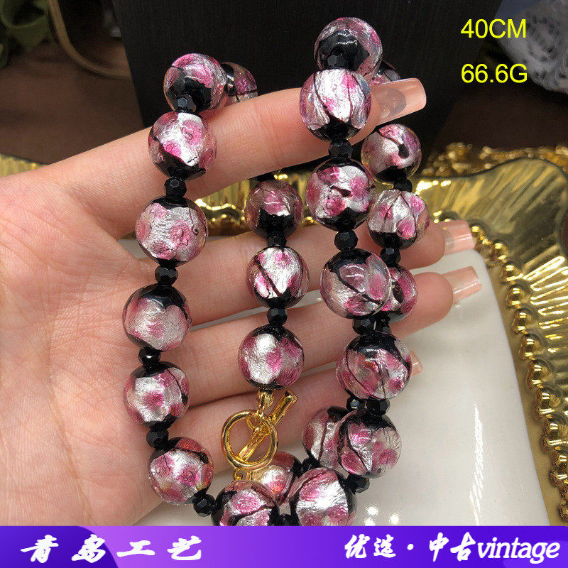 中国风樱花粉琉璃珠项链毛衣链复古宫廷风气质百搭颈链高级配饰女