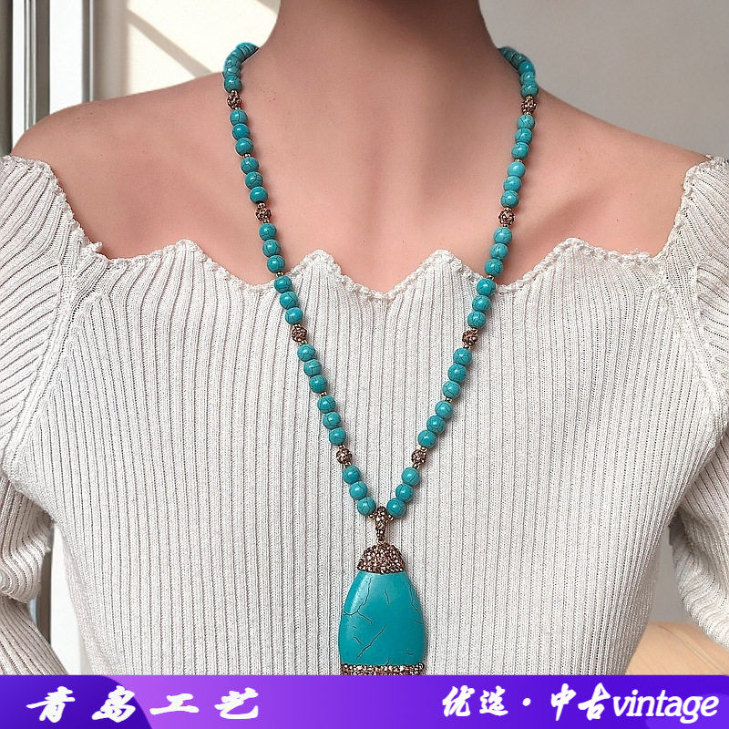 新款水滴形绿松石吊坠项链时尚个性百搭设计款绿松毛衣链厂家