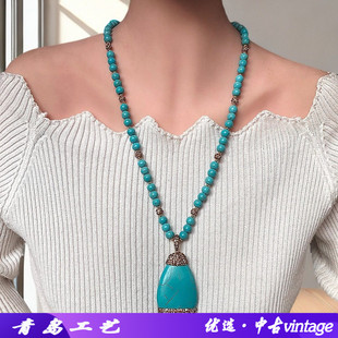 新款水滴形绿松石吊坠项链时尚个性百搭设计款绿松毛衣链厂家