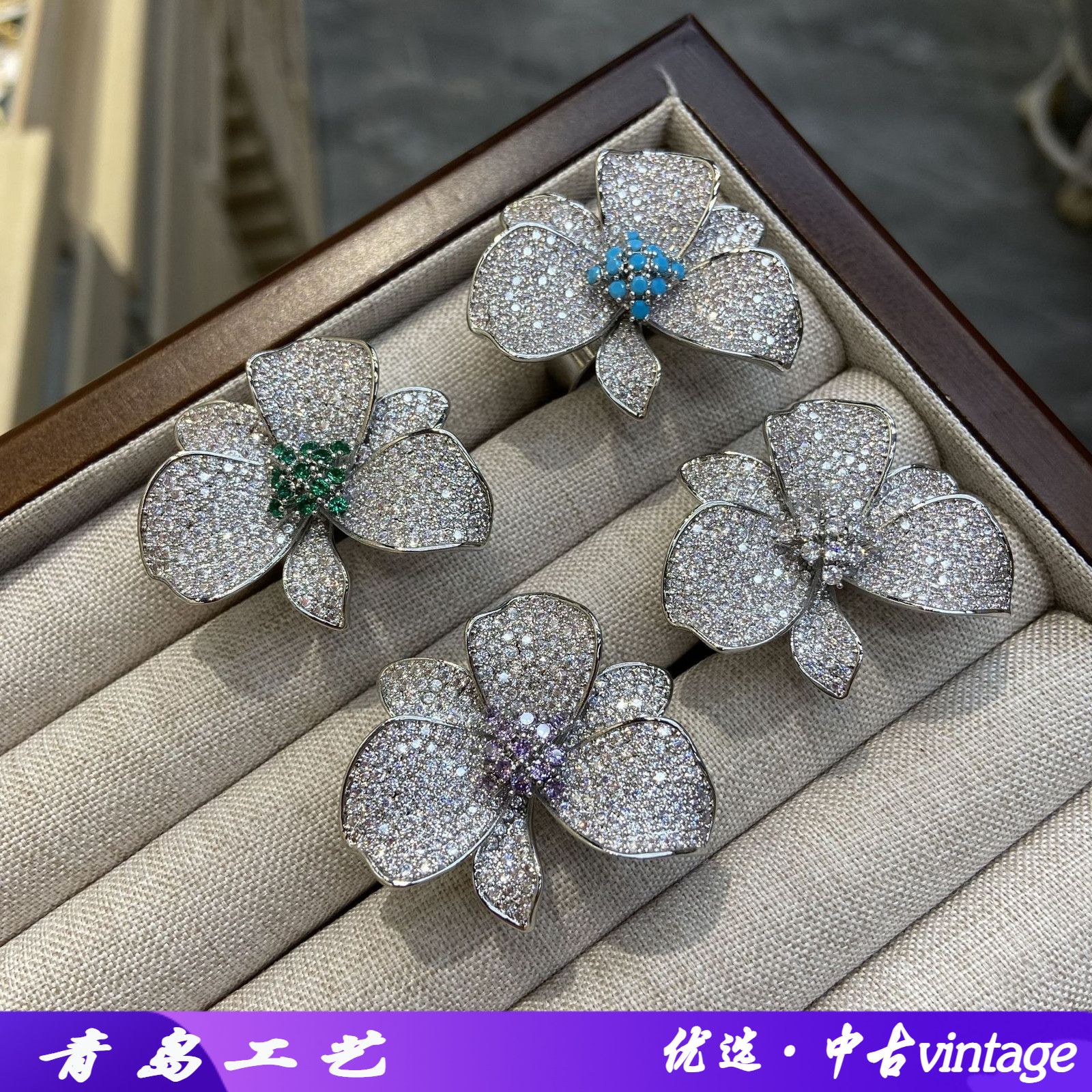 铜欧美新品轻奢银色花戒指/指环