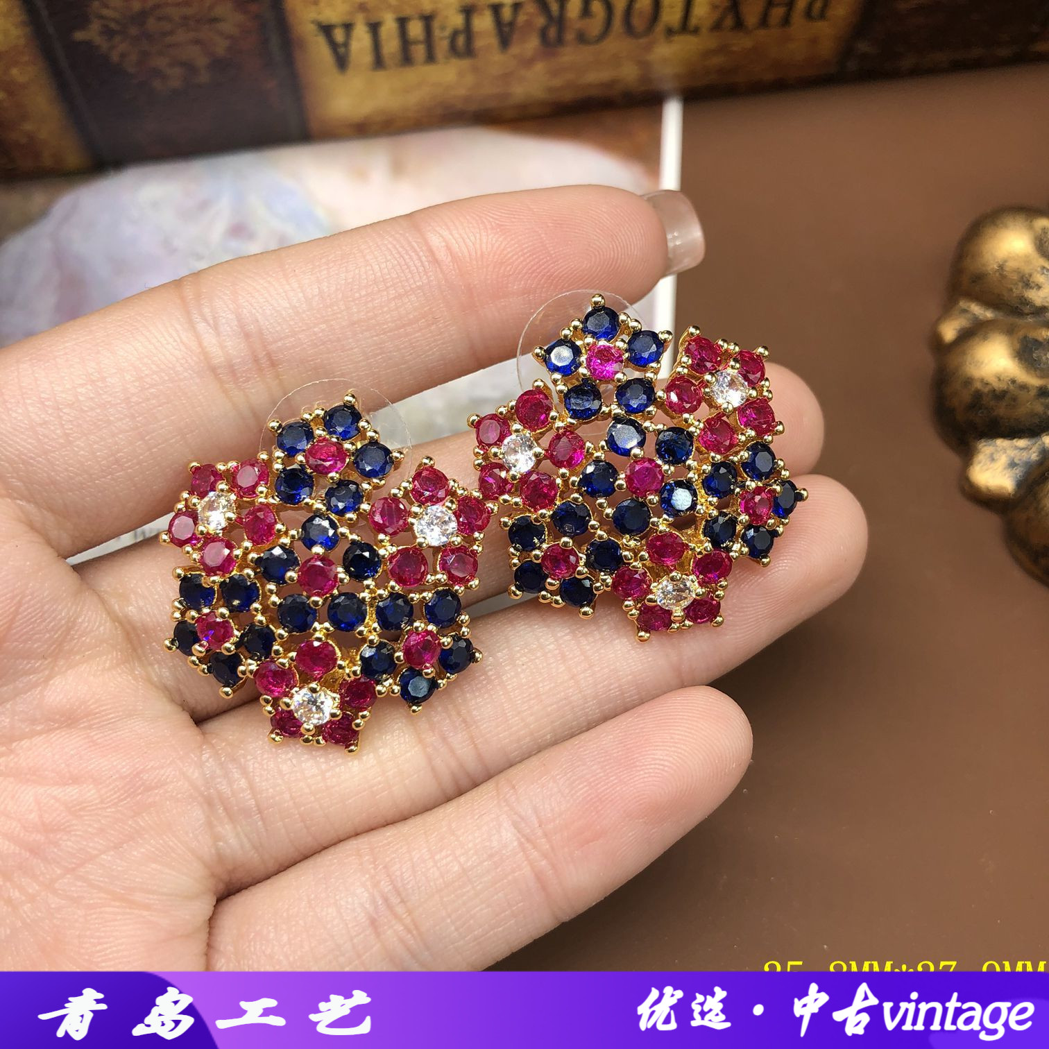 复古花朵造型满钻银针耳钉女时尚