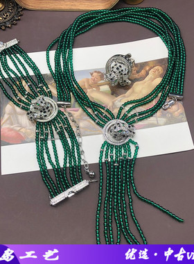 优雅复古多层绿色琉璃珠串珠立体豹子铜材质项链手链戒指套装百搭
