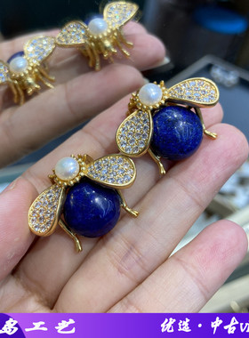 中古风宫廷复古精致铜镀金蜜蜂耳钉锆石镶嵌珍珠设计昆虫耳环