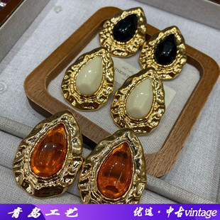 简约耳饰女 新款 黑色水滴宝石耳钉复古经典 轻奢气质时尚