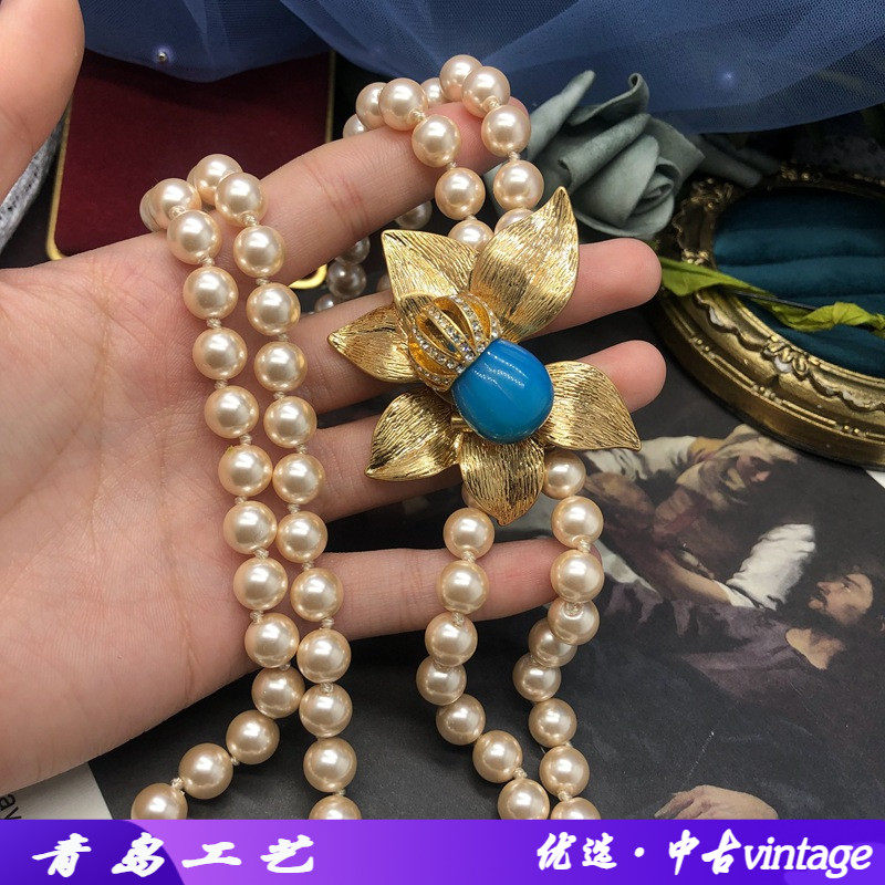 中古饰品香槟色琉璃珍珠项链耳饰花朵造型长款双层毛衣链耳钉套装