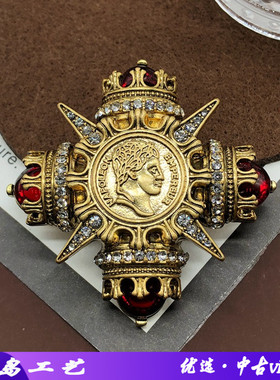 红色琉璃中古西伯利亚人头像胸针做旧金属复古镶宝石胸针别针