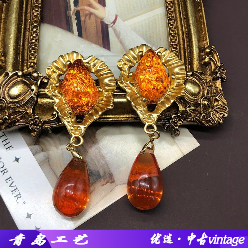 中古时尚复古风耳饰水滴琉璃吊坠