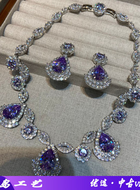 奢华紫色水晶项链耳环套装女镶锆石感晚礼服宴会配饰品