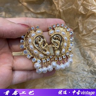 Schiaparelli淡水珍珠流苏耳朵耳坠中古vintage复古经典镶钻耳环