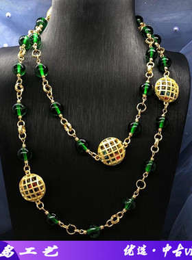 西洋项链叠戴式绿色琉璃珠铜材质