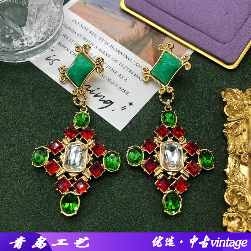 中古宫廷风重工彩色气质晚宴耳环感时间百搭扫肩耳夹耳坠配饰