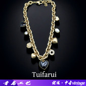 中古vintage复古高级铜合金纯手工编织熔岩金色经典 天然珍珠项链