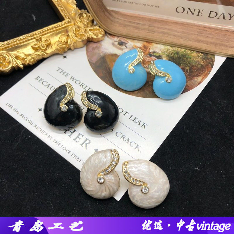 复古宫廷耳饰可爱简约珐琅釉蜗牛耳钉镶嵌莱茵石简单大方百搭耳环