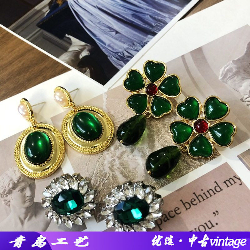 电镀真金中古祖母绿宝石马彩贝珍珠耳环古法琉璃水滴珍珠银针耳钉