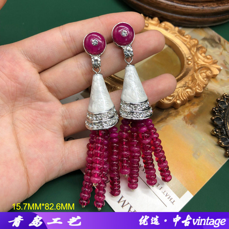 中古耳饰紫色算盘石头珠精致长款