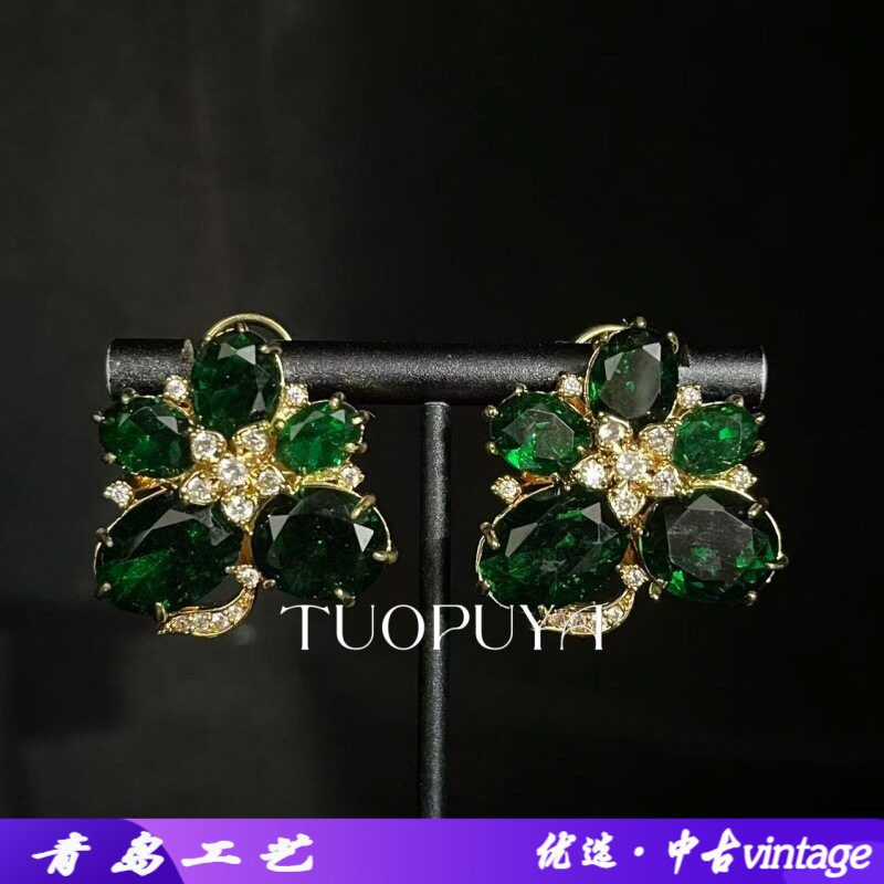 中古复古祖母绿宝石镶钻花朵造型