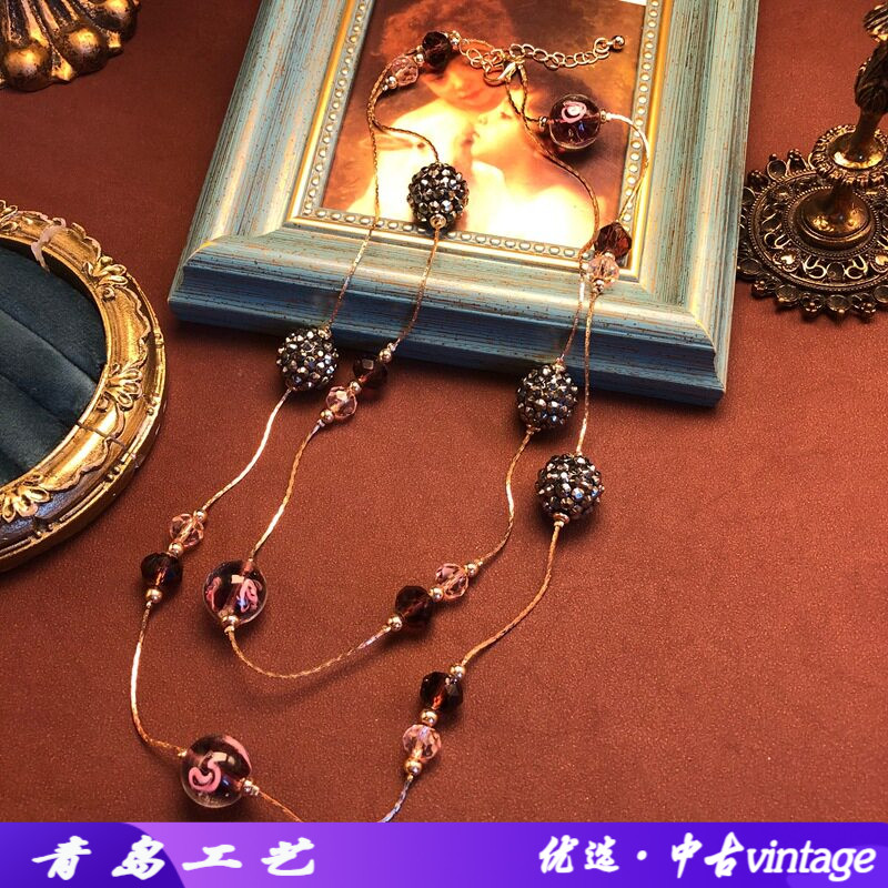 串珠叠带项链长款vintage毛衣链