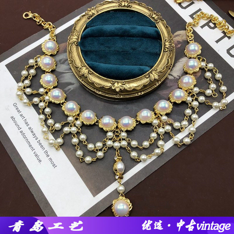 西洋中古项饰马彩贝珍珠吊坠项链编织颈链时尚锁骨链耳环套装