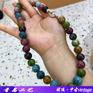 12mm天然彩色碧玺圆珠项链复古经典百搭锁骨链女士精致优雅项饰女