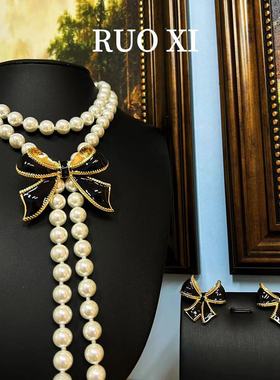 vintage西洋玻璃珍珠黑色珐琅蝴