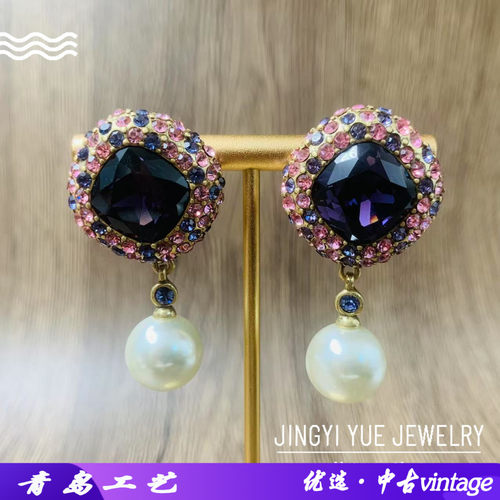 中古vintage围钻气质珍珠耳钉法