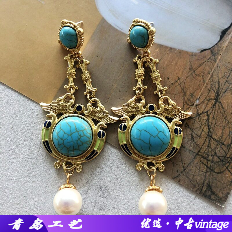 欧美外贸西洋中古珐琅绿松石耳环