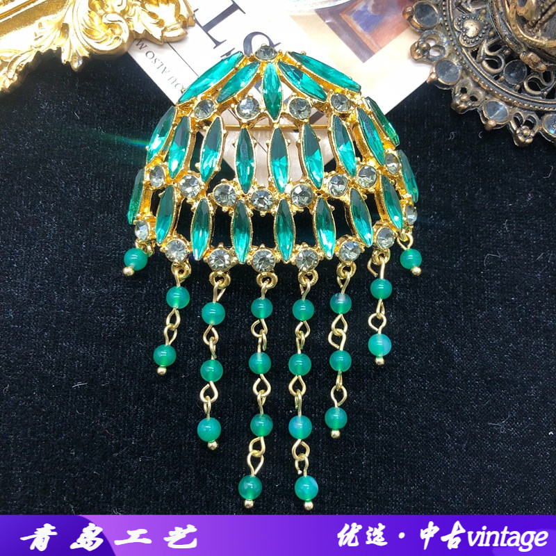 创意设计重工水母造型胸针祖母绿宝石玛瑙石头珠流苏高档别针