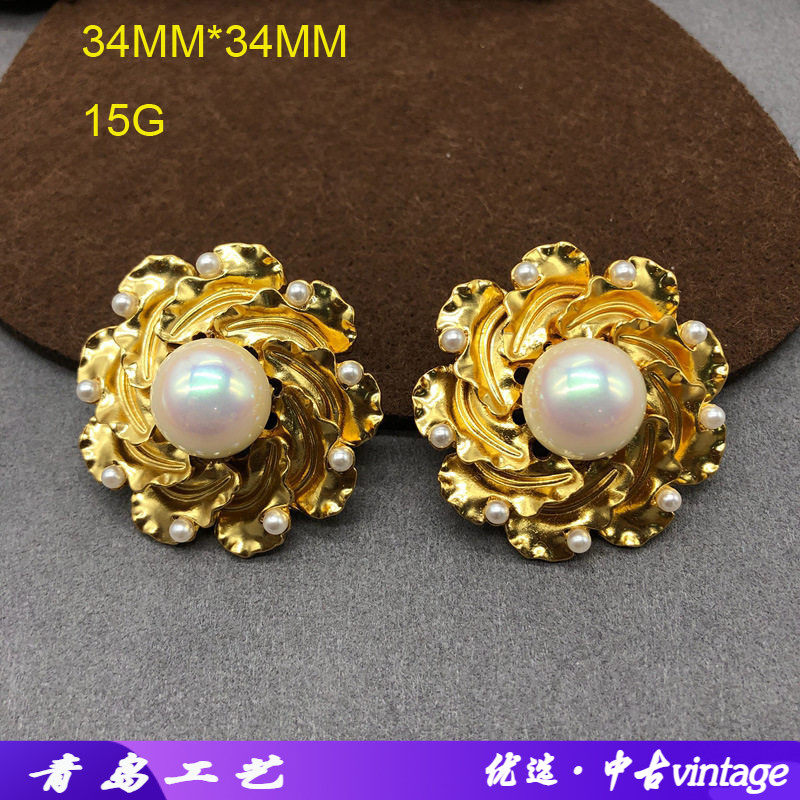 法式复古珍珠花朵造型银针耳钉中古vintage感马彩贝气质耳钉