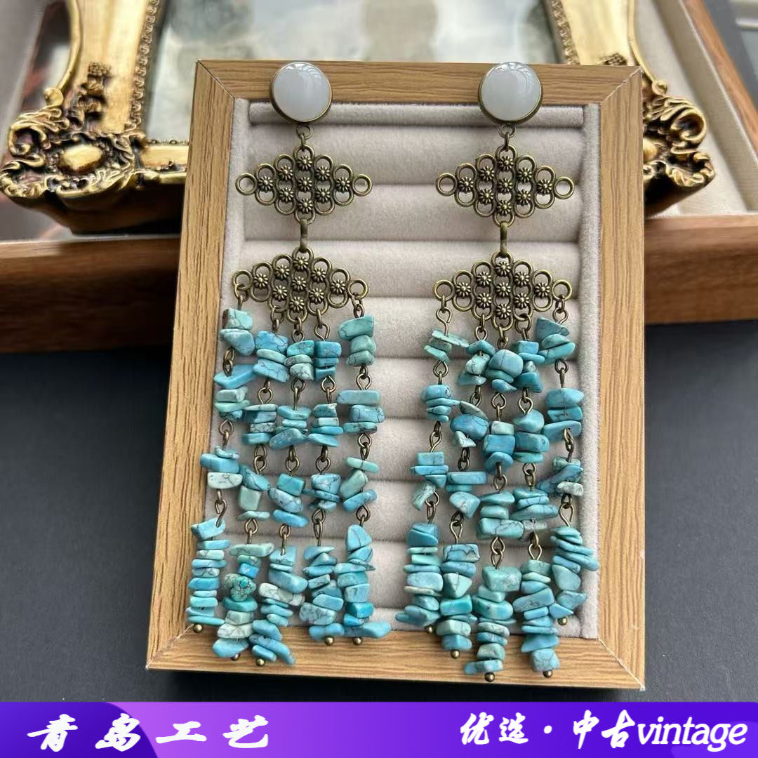 天然石中古vintage镂空设计耳环