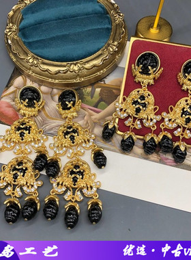 复古宫廷风黑色扫肩长款流苏耳钉耳夹镀真金中古耳环优雅百搭耳饰