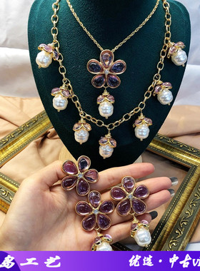 厂家现货西洋中古镀真金优雅耳钉耳夹紫色花朵珍珠项链戒指套装