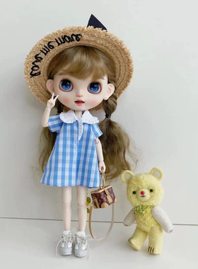 【ob24】蓝色格纹娃娃领A字连衣裙/blythe小布ob22娃衣