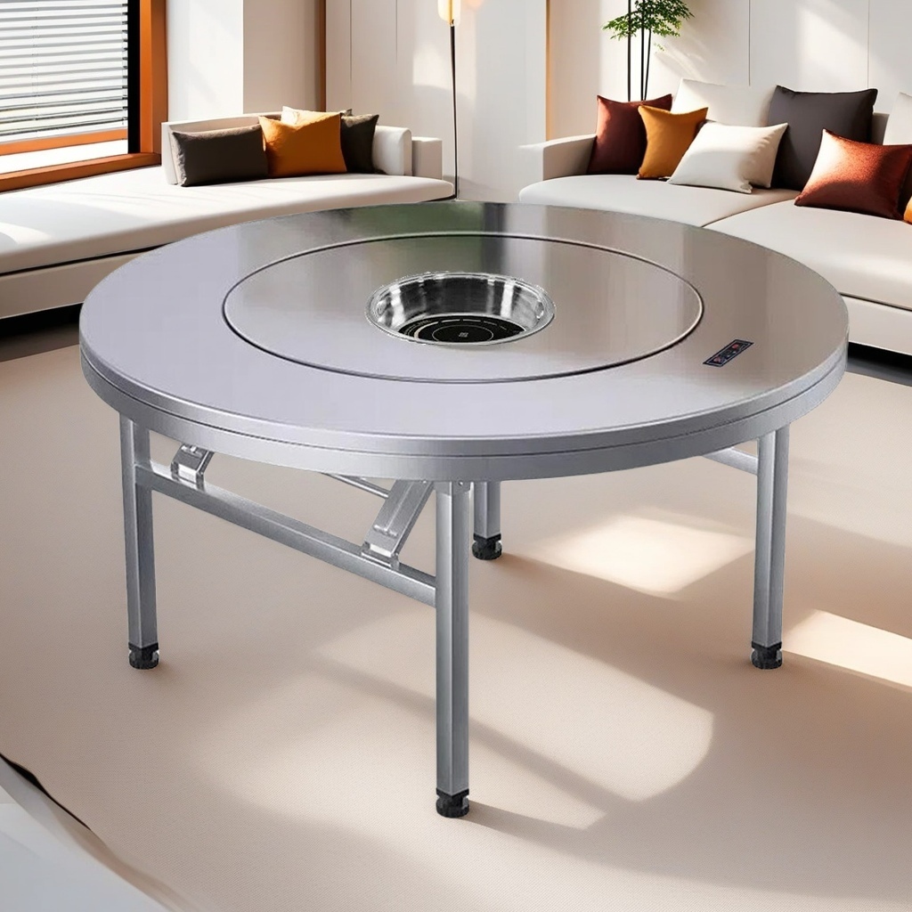 304不锈钢转盘圆桌下沉式火锅桌