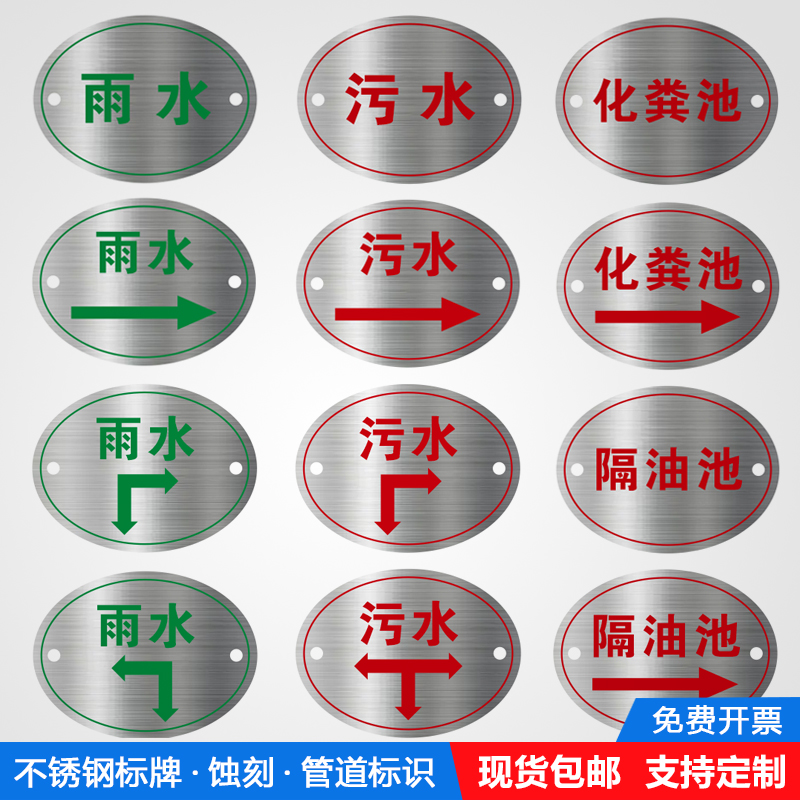 现货雨水污水金属不锈钢走向牌废井盖管道安全消防箭头蚀刻标识牌化粪池牌隔油池标识牌雨污水地面指示腐蚀牌