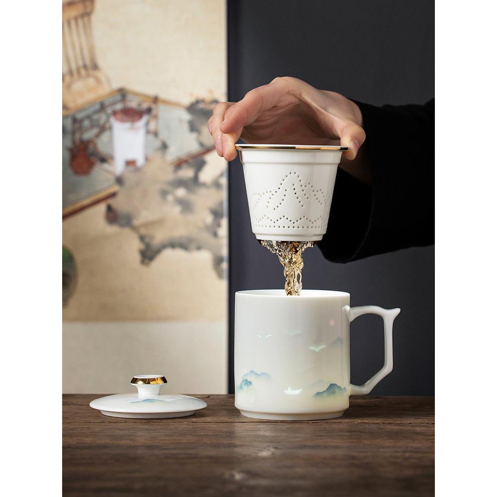 千里江山精美带盖陶瓷茶杯茶水分离杯办公茶过滤杯家用水杯