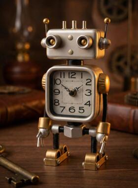 复古机器人闹钟工业风金属摆件高级感小众客厅装饰桌面时钟工艺品