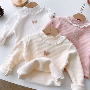 女宝加绒打底衫女童加绒保暖上衣一体绒衣服儿童半高领内搭冬加绒