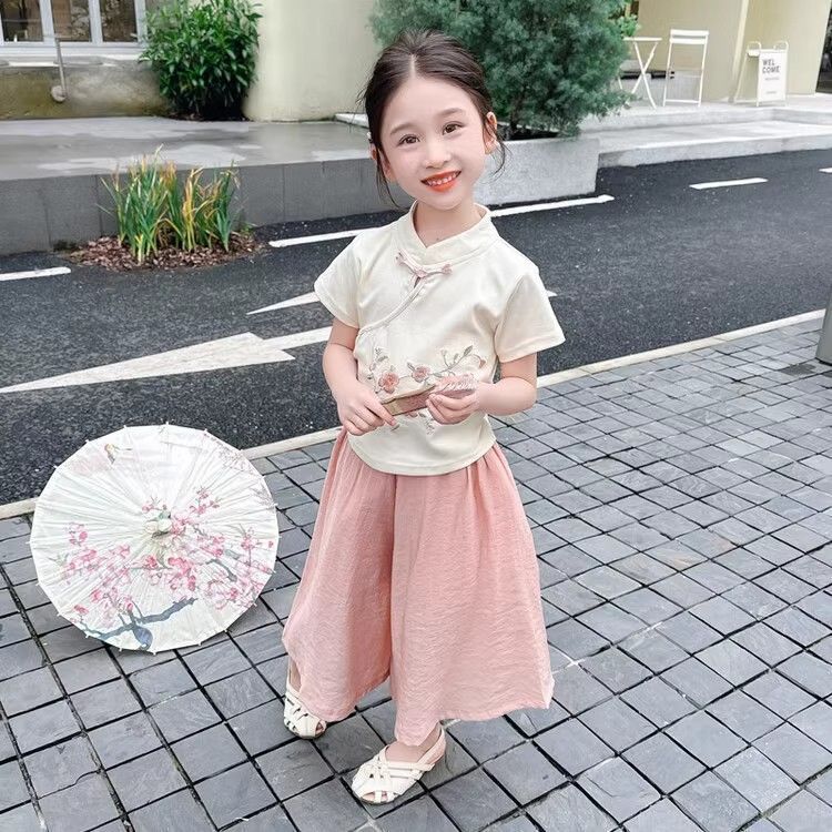 品牌专柜女童夏季新中式套装新款中国风盘扣超仙短袖阔腿裤两件套