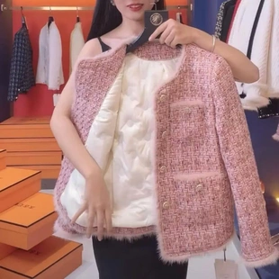 粉色小香风厚外套女夹棉秋冬2025新款名媛精致女士粗花呢棉服上衣