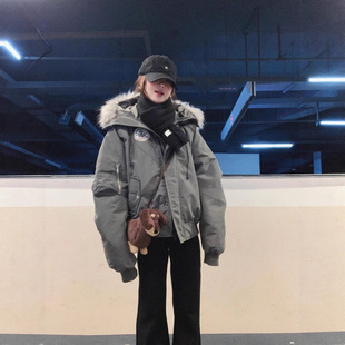 美式复古毛领连帽派克服女2025新款冬季棉衣加厚保暖工装棉服外套