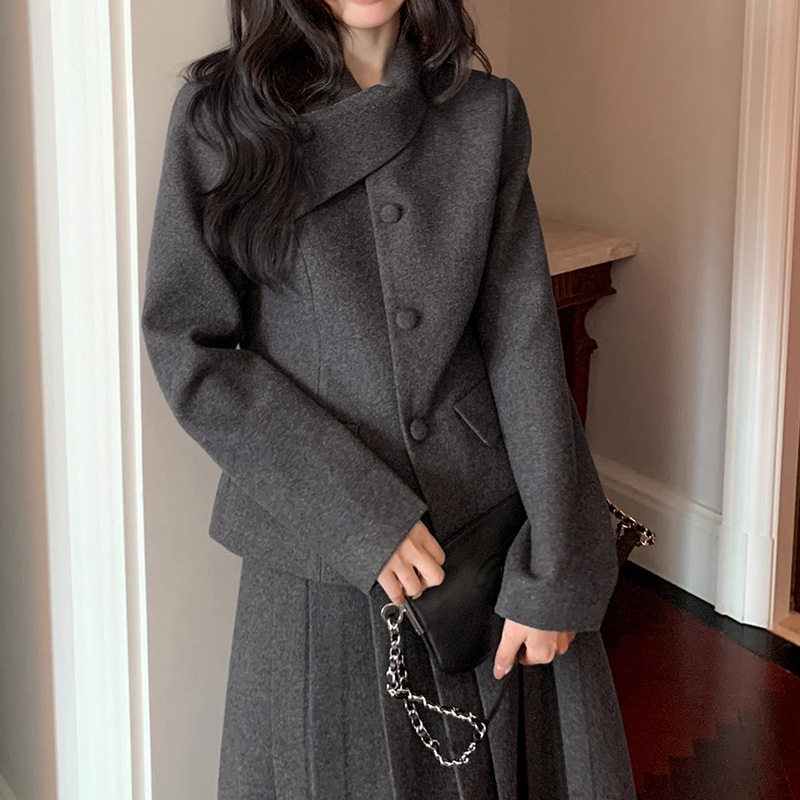 灰色斜领外套半身裙套装女2025秋冬新款韩版气质小西服长裙两件套