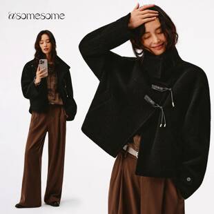 asomesome羊毛立领短款黑色毛呢外套女秋冬加厚防风保暖廓形大衣