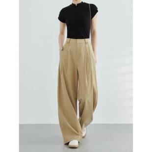 易喜夏季紧身直筒裤宽松西装裤高腰休闲裤宽松卡其布阔腿裤