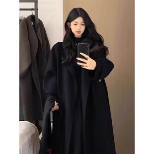 胖mm特大码黑色赫本风呢子大衣女秋冬高级感慵懒风中长款毛呢外套