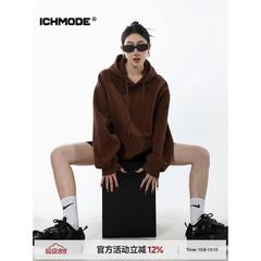 ICH MODE美式连帽咖色卫衣女秋冬新款宽松纯色套头外套上衣慵懒风